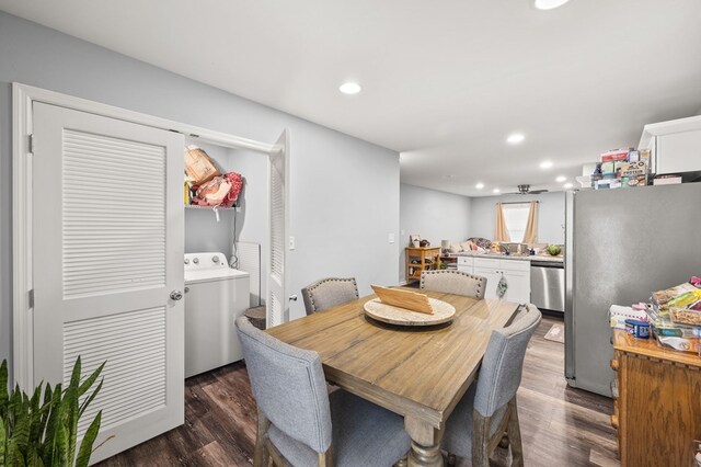 dining space with dark wood-style flooring, washer / dryer, and recessed lighting