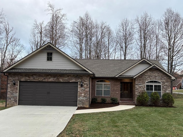 ranch-style home featuring brick siding, driveway, a front yard, and roof with shingles