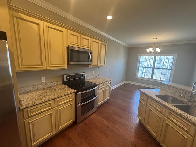 kitchen with a notable chandelier, appliances with stainless steel finishes, crown molding, light stone countertops, and dark wood-style flooring