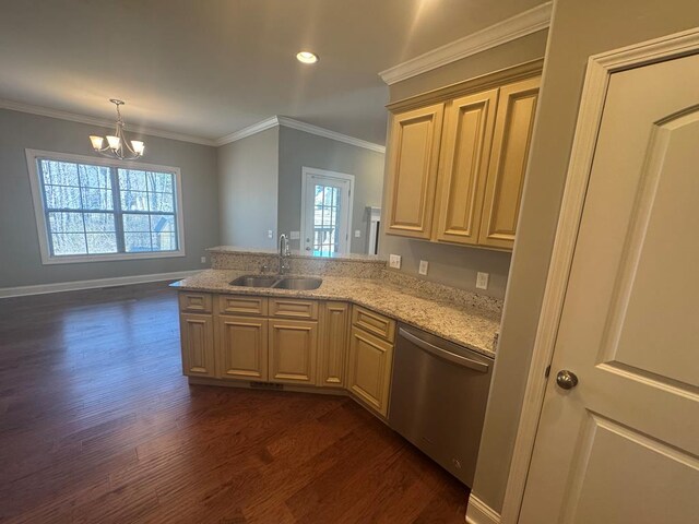 kitchen featuring ornamental molding, a sink, stainless steel dishwasher, dark wood-style floors, and a peninsula