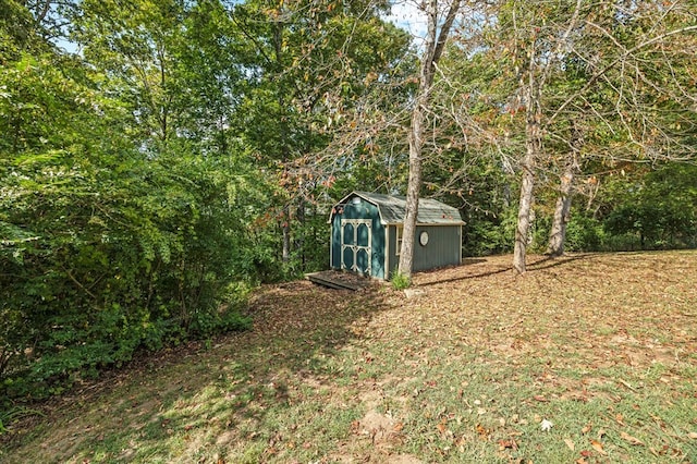 view of yard featuring a storage unit and an outbuilding