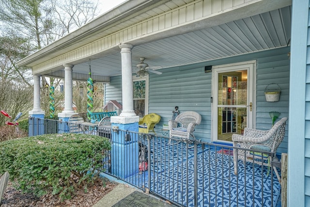 view of patio with a porch and ceiling fan