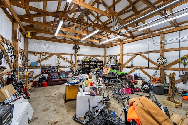 garage with a workshop area