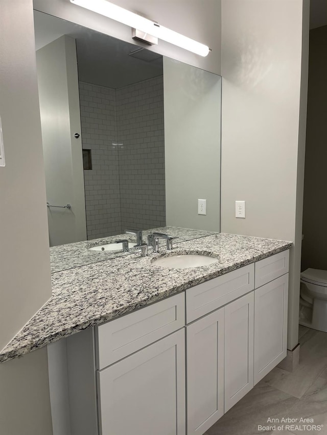 4224 Duck Dr Unit 5, Ann Arbor, MI 48103 - bathroom featuring toilet, marble finish floors, vanity, and a walk in shower