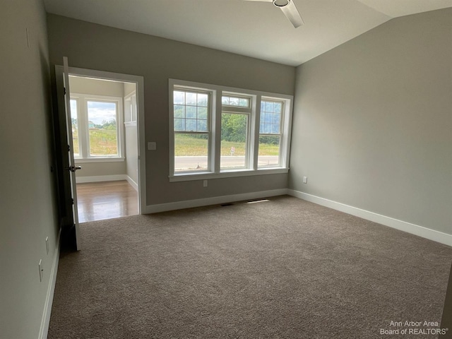 4224 Duck Dr Unit 5, Ann Arbor, MI 48103 - spare room with carpet flooring, ceiling fan, plenty of natural light, baseboards, and lofted ceiling