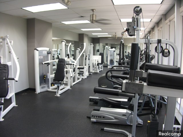 gym featuring ceiling fan and a drop ceiling