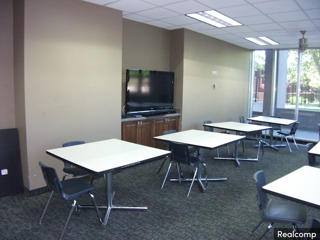 carpeted office space featuring a paneled ceiling