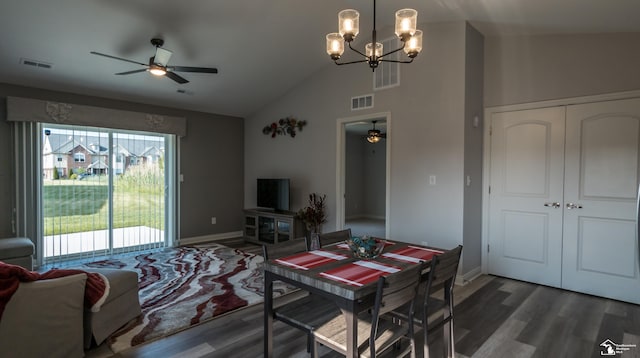 5100 Volterra Dr, Monroe, MI 48161 - dining space with ceiling fan, wood finished floors, a chandelier, baseboards, and high vaulted ceiling