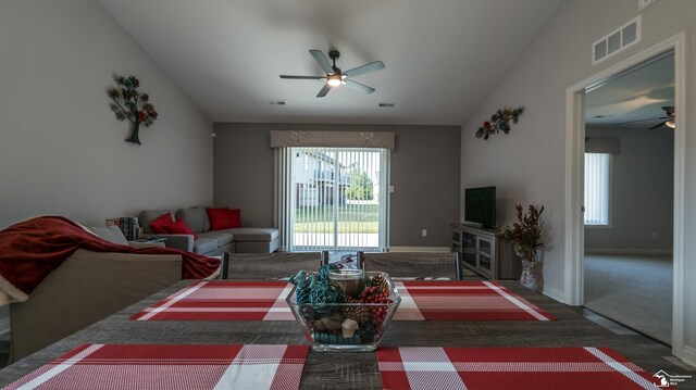 5100 Volterra Dr, Monroe, MI 48161 - living room with a ceiling fan, lofted ceiling, wood finished floors, and baseboards