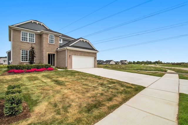 13327 Demil Dr, Romeo, MI 48065 - traditional-style home with brick siding, a garage, concrete driveway, and a front lawn