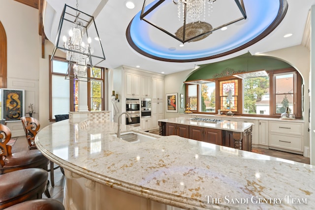 kitchen with a raised ceiling, a breakfast bar, a large island, and sink