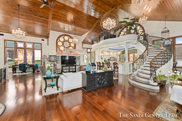 living room with hardwood / wood-style floors, ceiling fan, wooden ceiling, and high vaulted ceiling