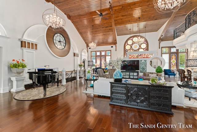 living room featuring ceiling fan, high vaulted ceiling, wooden ceiling, and dark hardwood / wood-style floors