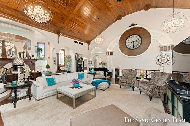 living room with light hardwood / wood-style floors, high vaulted ceiling, and wood ceiling