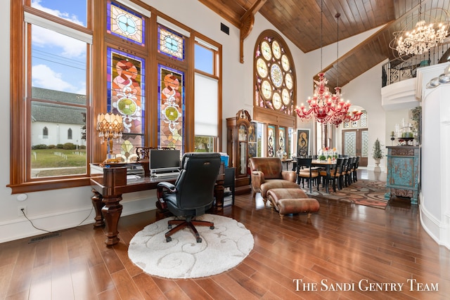 office featuring wood-type flooring, an inviting chandelier, high vaulted ceiling, and wooden ceiling