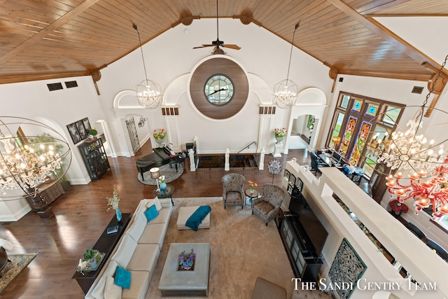 living room featuring ceiling fan, wood-type flooring, high vaulted ceiling, and wooden ceiling