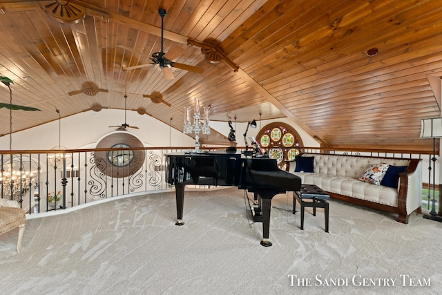 miscellaneous room featuring ceiling fan, carpet, wood ceiling, and lofted ceiling