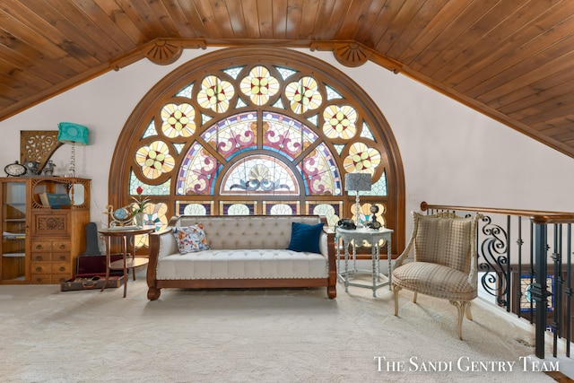 sitting room with lofted ceiling and wooden ceiling