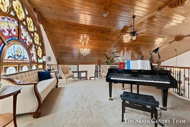 living area with wood ceiling, carpet flooring, and a healthy amount of sunlight