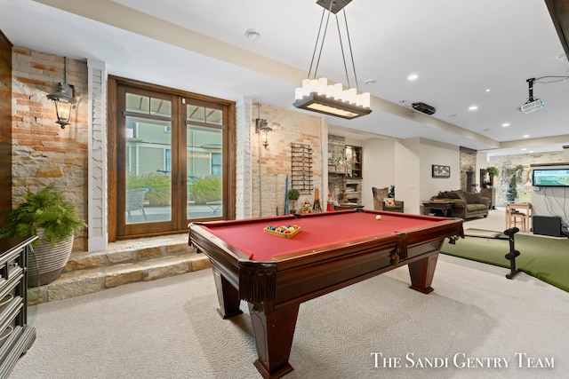 recreation room featuring light carpet and billiards