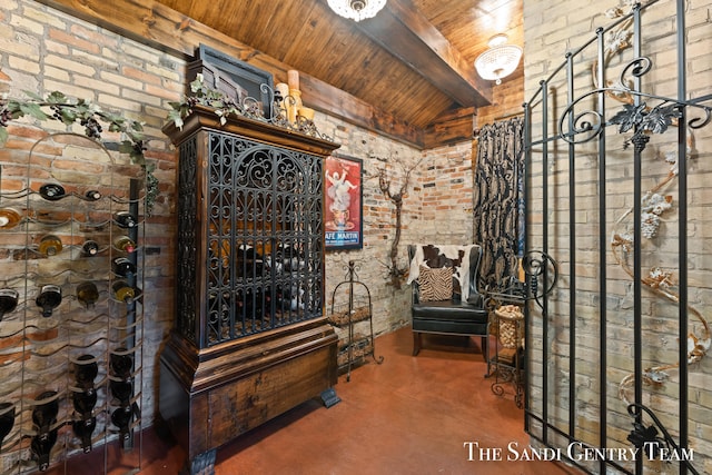 wine cellar featuring wooden ceiling and concrete flooring