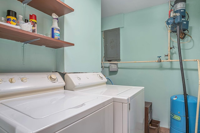 laundry area featuring electric panel and washing machine and clothes dryer