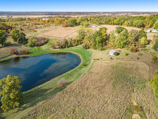 aerial view featuring a water view and a rural view