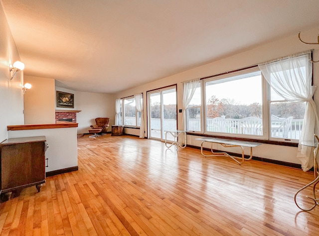 interior space with a fireplace, a wealth of natural light, and light hardwood / wood-style flooring