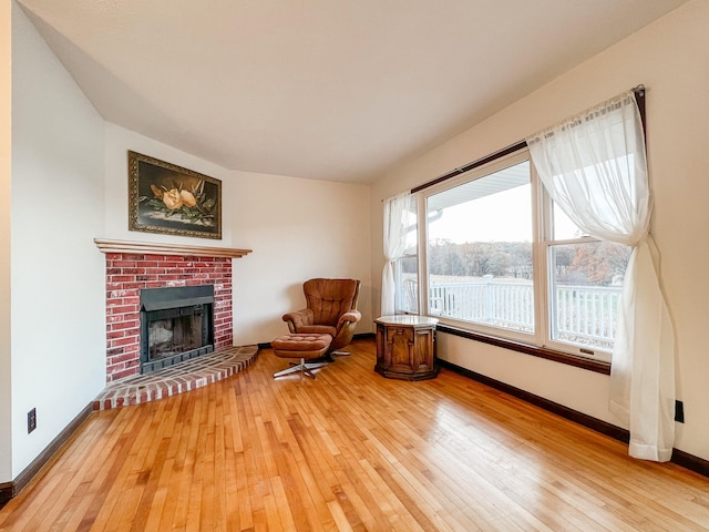 living area featuring a fireplace and wood-type flooring