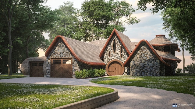 9554 Fowler Ln, Rapid City, MI 49676 - view of front of home with stone siding, a garage, asphalt driveway, and a front yard