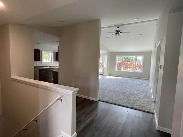 hallway featuring dark hardwood / wood-style floors and lofted ceiling