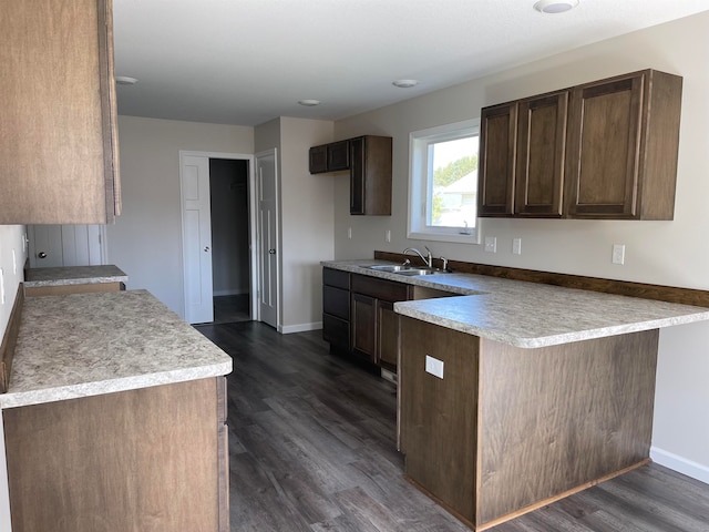 kitchen featuring dark brown cabinetry, dark wood-type flooring, and sink