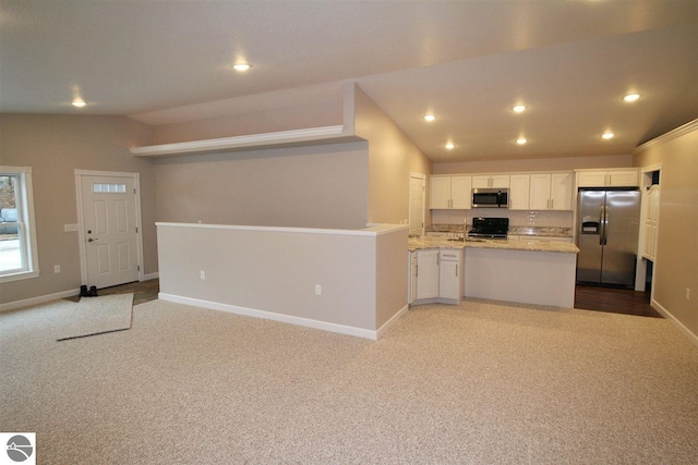 00 Sockeye Dr, Farwell, MI 48622 - kitchen featuring appliances with stainless steel finishes, carpet flooring, white cabinets, and recessed lighting