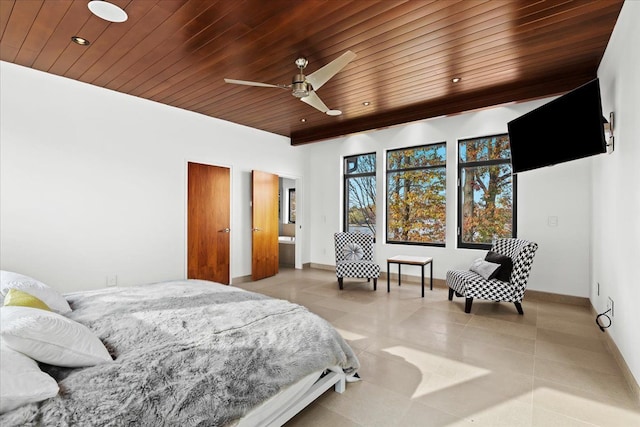 bedroom with ceiling fan, wooden ceiling, and connected bathroom