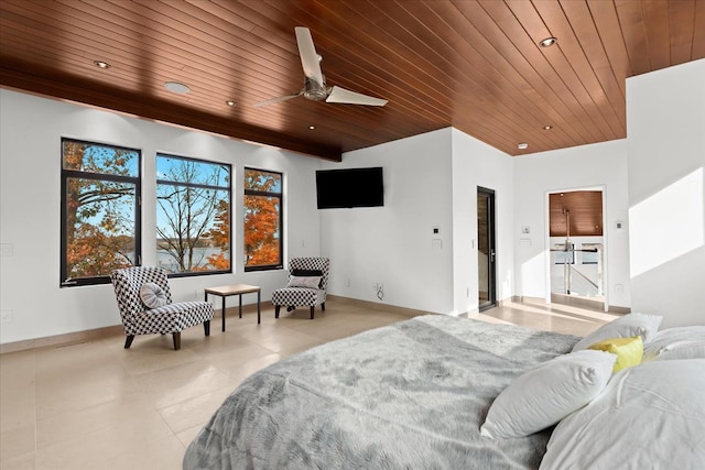 bedroom with ceiling fan and wood ceiling