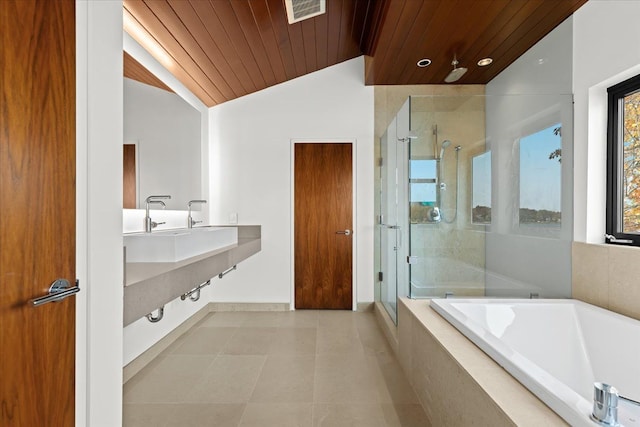 bathroom featuring tile patterned flooring, wooden ceiling, independent shower and bath, and vaulted ceiling