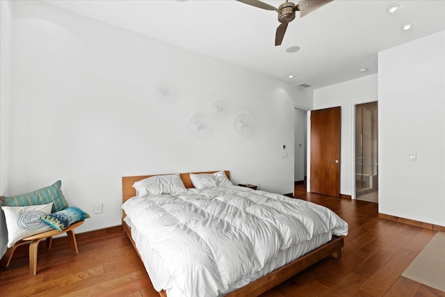 bedroom with hardwood / wood-style floors and ceiling fan