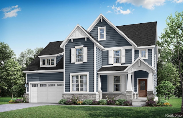 835 Coldrose Way, Canton, MI 48187 - view of front of property featuring stone siding, concrete driveway, a front lawn, and a shingled roof