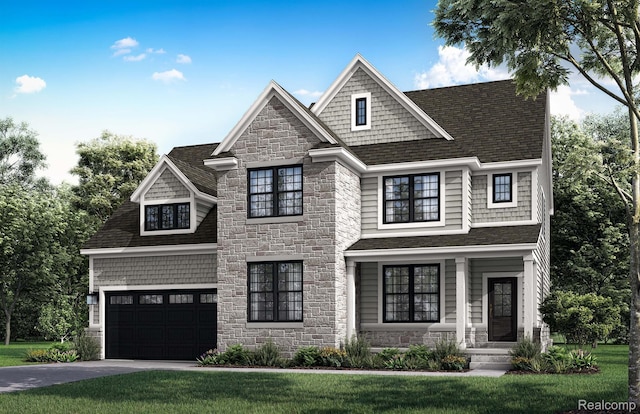 835 Coldrose Way, Canton, MI 48187 - view of front of house with stone siding, driveway, a shingled roof, and a porch