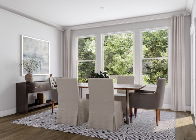 dining area with a wealth of natural light, wood-type flooring, and ornamental molding