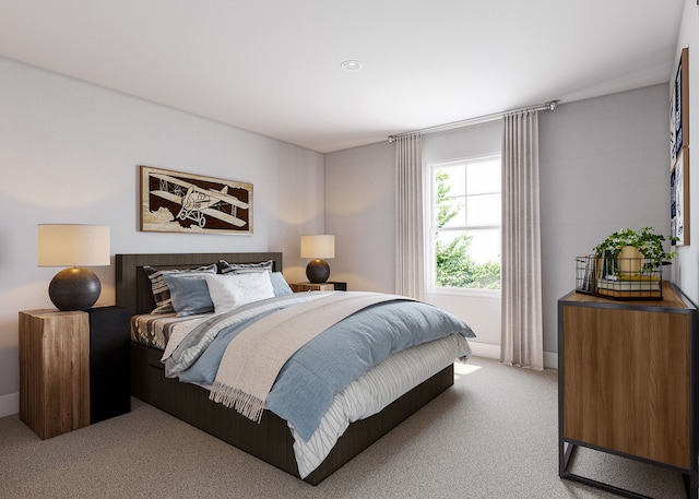 bedroom featuring light colored carpet