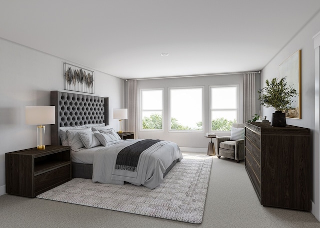 bedroom with light colored carpet