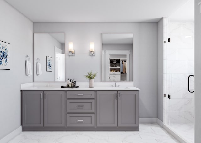 bathroom featuring vanity and tiled shower