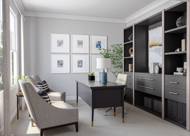 office featuring light carpet, plenty of natural light, and crown molding