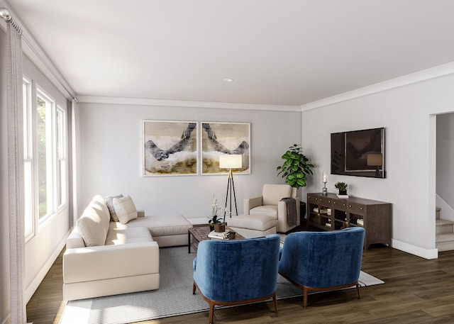 living room with ornamental molding and dark wood-type flooring