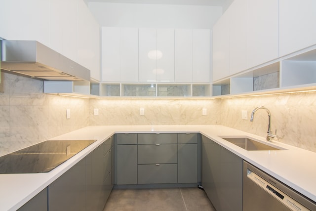 kitchen with black electric stovetop, stainless steel dishwasher, wall chimney range hood, sink, and white cabinets