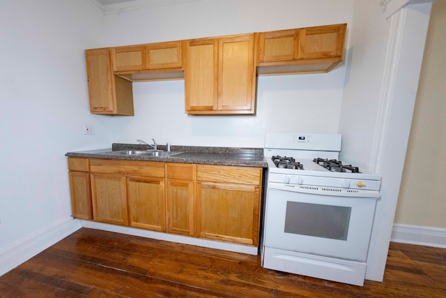 kitchen featuring sink, ornamental molding, dark wood-type flooring, and gas range gas stove