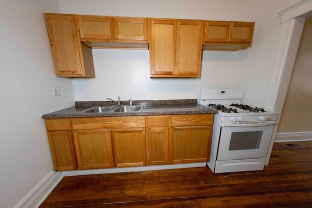 kitchen featuring white gas range, sink, and dark wood-type flooring