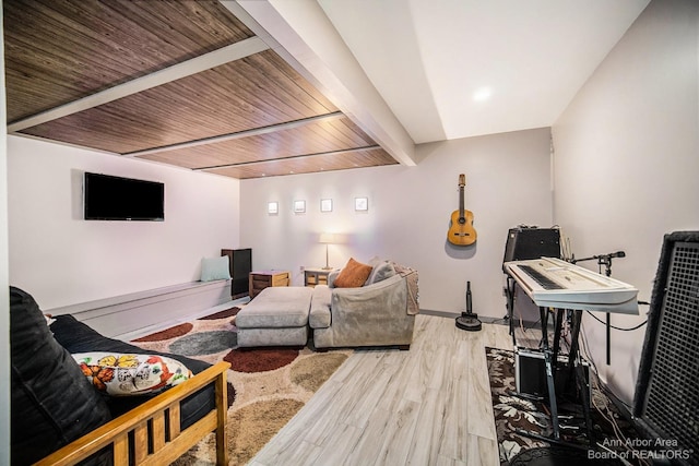 living room with wooden ceiling and wood-type flooring