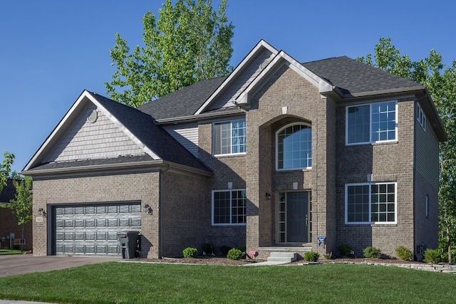 view of front facade featuring a front yard and a garage